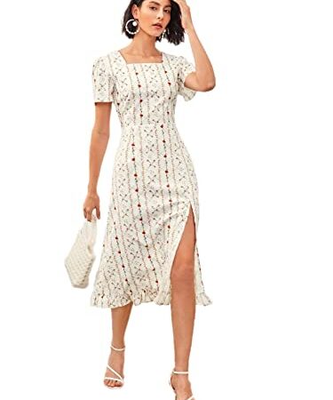 Lymio Women's Regular White Color Square Neck Half Sleeve Polyester Printed Dress (D-519-White-S)