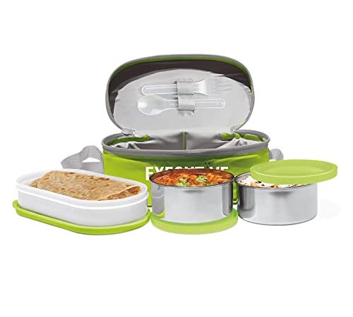 Milton Executive Lunch Box Soft Insulated Tiffin Box (2 SS Container, 1 Microwave Safe Container), Green (Stainless Steel & Plastic)