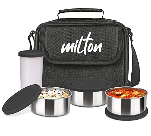 MILTON New Steel Combi Lunch Box, 3 Containers and 1 Tumbler with Jacket, Set of 4, Black | Food Grade | Light Weight | Dishwasher Safe | Easy to Carry | Leak Proof