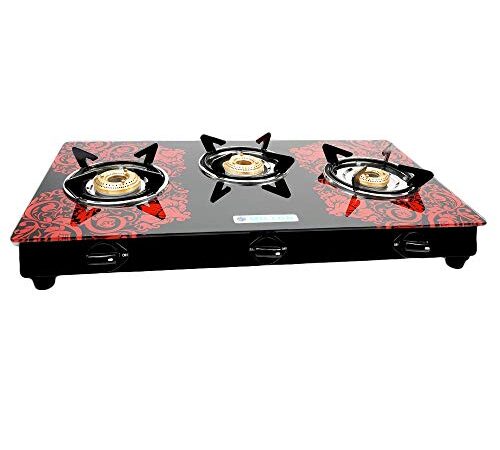 MILTON Premium 3 Burner Red Manual Ignition LPG Glass Top Gas Stove, (ISI Certified)