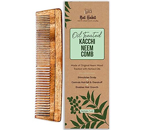 Nat Habit - Back To Natural Secrets Everyday Kacchi Neem Comb Treated with Neem Oil, Bhringraj & 17 Herbs (Dual Tooth)