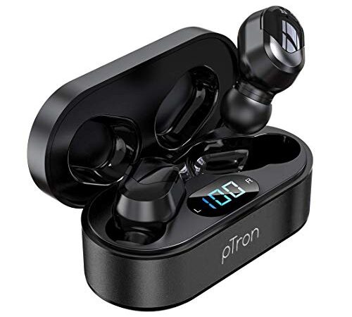 PTron Bassbuds Plus True Wireless Bluetooth 5.0 in Ear Earbuds, Deep Bass, IPX4 Water/Sweat Resistant, Passive Noise Canceling, Digital Display Case & with Mic (Black)