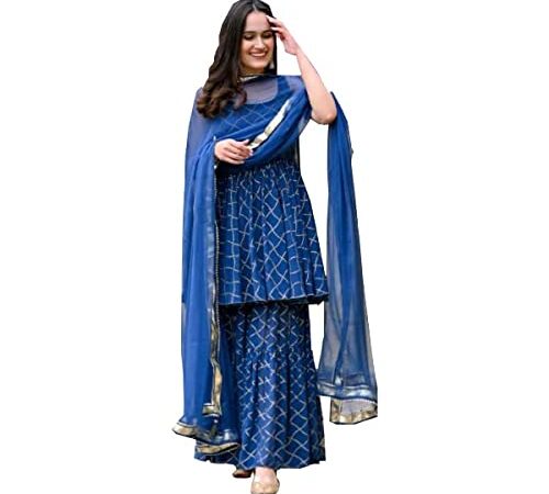 Royal Export Women's Blue Color Viscose Gold Printed Kurta Sharara Set with Dupatta for Women (X-Large)