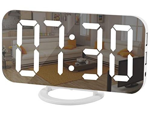 SZELAM Digital Clock Large Display, Led Electric Alarm Clock Mirror Surface For Makeup Mode, 3 Levels Brightness, Dual Usb Ports (White, Abs, 0.6Wx62Lx31H Inches)