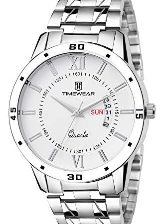 TIMEWEAR Formal Day Date Watch Collection For Men Analogue Men's Watch(White Dial & Silver Colored Strap)-221Wdtg