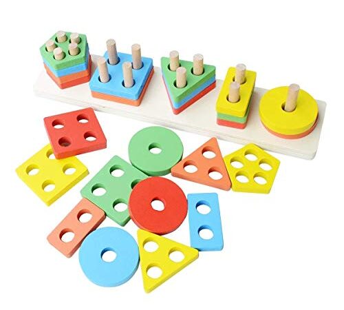 Toyshine Kids Wooden Angle Geometric Blocks Stacker Shape Sorter Column Puzzle Stacking Set - B (21 pieces)