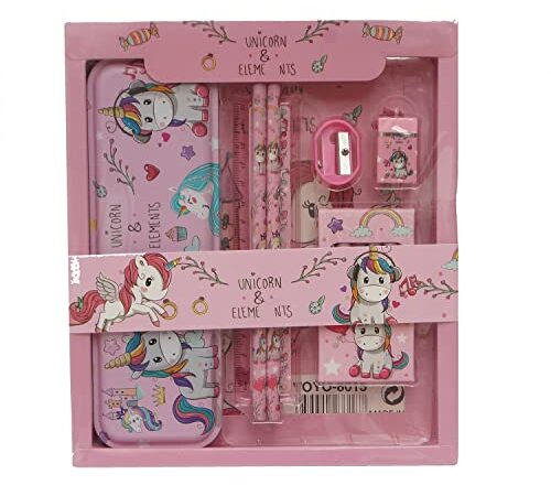 Unicorn Stationary Set Unicorn Pencil Box, Pencil Sharpner Eraser Scale Cryon Kit with Mermaid Cartoon 3DEraser Set for Kids Girls Boys Gift Set for Birthday Party Return Gift Unicorn Gift for Girls