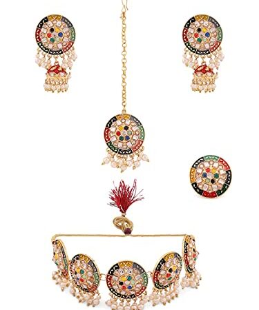 Zaveri Pearls Multicolor Meenakari Flower Design Choker Necklace Earring Maangtikka & Ring Set For Women-ZPFK13825