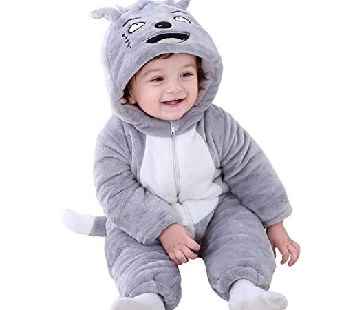 BRANDONN Unisex Baby Flannel Jumpsuit Panda Style Cosplay Clothes Bunting Outfits Snowsuit Hooded Romper Outwear (Grey Scars, 9-12 Months)