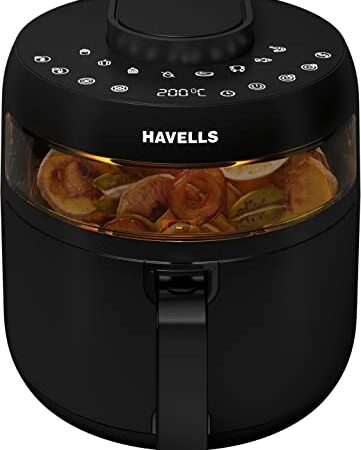 Havells Air Fryer Prolife Crystal | See-through window | 85% Less Oil | 5L Pan | 8 presets Menu | Auto Restart | Touch Screen | Digital Display |Dehydrator mode | 1500 watt & 2 Year warranty