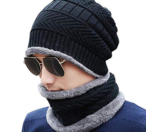 Kandid Winter Beanie Cap with Scarf |Warm Knit Cap |Thick Fur |snowproof| Winter Hat & Scarf for Men/Women, black, l (CAP_WITH_SCARF_BLK_01)