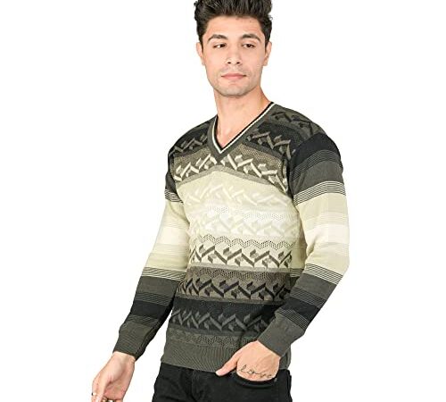 MONT CONNETT Men Woolen V-Neck Self Design Printed Pullover Heavy Rainbow Fabric Winter Wear Pure Wool Cardigan for Men Regular Coaty Fully Warm Heavy Pullover Cardigans Free Sizes (S, DUSTYGREEN)