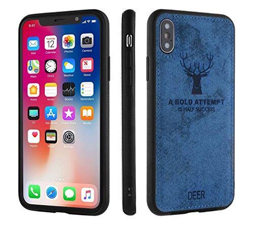 Naitik for Deer i-Phone X Leather, PC Stylish Deer Fabric 3D Full Protective Side Grip Bumper Shock Proof Back Cover Case for i-Phone X (Blue)