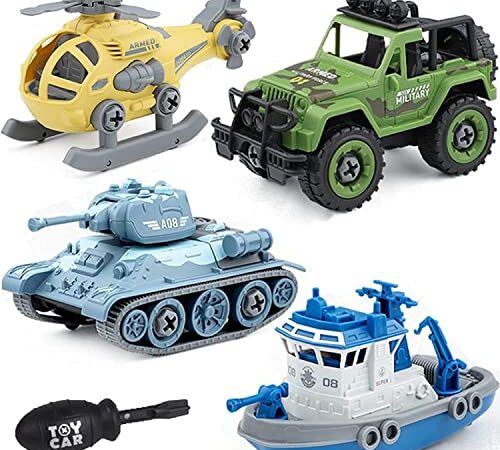 Cable World® Military Army Foldable Vehicles Car Toy 4 Pack with Screwdriver Toy, DIY Kids STEM Toys Including Helicopter,Jeep,Tank and Boat for Toddlers Birthday Gifts for Boys 2 3 4 5 6 Year