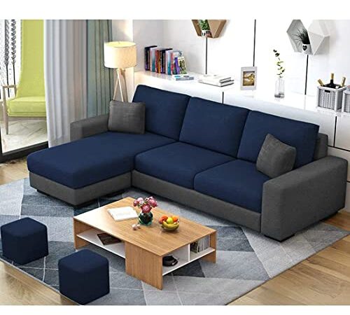 FURNY Arvon Fabric 4 Seater LHS L Shape Sofa Set for Living Room (Blue-Dark Grey)