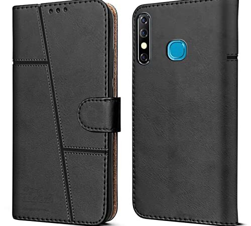 Jkobi Flip Cover Case for Infinix Hot 8 (Stitched Leather Finish | Magnetic Closure | Inner TPU | Foldable Stand | Wallet Card Slots | Black)