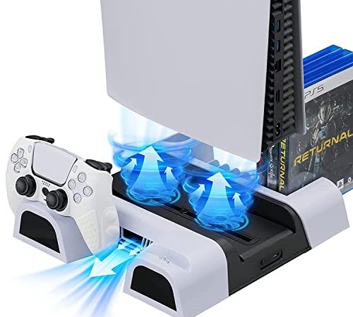 Microware PS5 Accessories Stand with Cooling Fan & Dual Controller Charger Station Compatible Playstation 5 Console - Suction Cooler Fan with Charging Dock Station&11 Games Storage