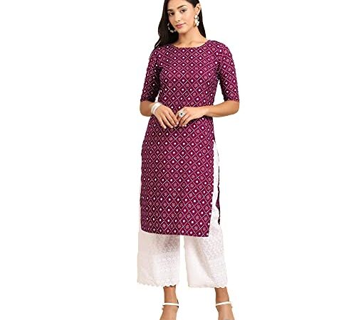 Pinkmint Women's Crepe Wine Color Ethnic Motif Printed Straight Kurti {RI-530355-XXL}