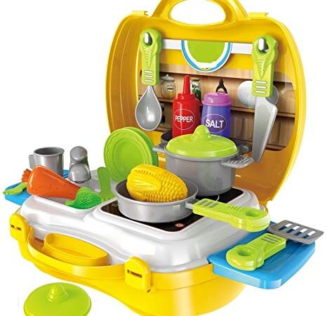 Cable World Plastic Luxury Kitchen Set Cooking Toy with Briefcase and Accessories (Yellow)