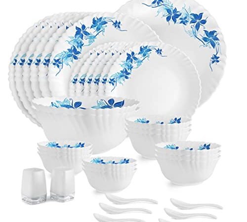 Cello Blue Swirl Dazzle Series Opalware Dinner Set, 35-Pieces, Service for 6, White