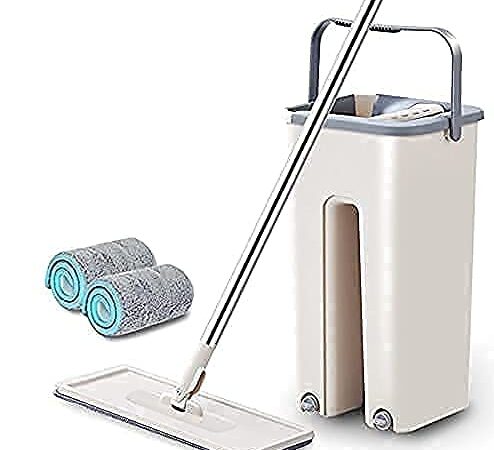 Crest Heavy Quality Floor Mop with Bucket, Flat Squeeze Cleaning Supplies 360° Flexible Mop Head/2 Reusable Pads Clean Home Floor Cleaner Deep Clean (STANDER)