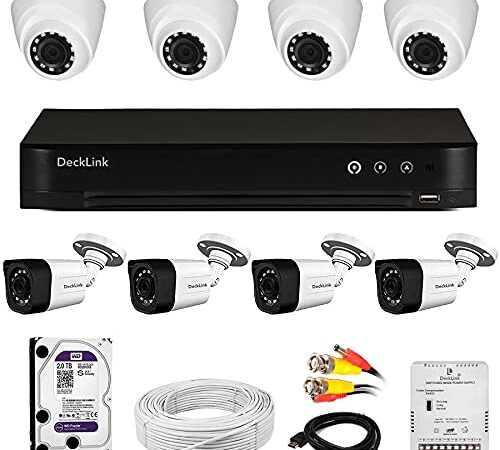 DeckLink 2.4 MP CCTV Camera Full Set 4 Bullet 4 Dome + 8ch. 265+ DVR Full HD 5in1 + 2Tb Survillance Hardisk, Wire 90mtr. Full Copper with All Required Accessories