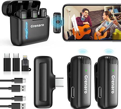 GRENARO Wireless Mic with Charging Case, Noise Reduction Lapel Mic for Video Recording, YouTube, Facebook, Live Stream, Support System for Type C Android & iPhone (Dual Channel Universal Version)