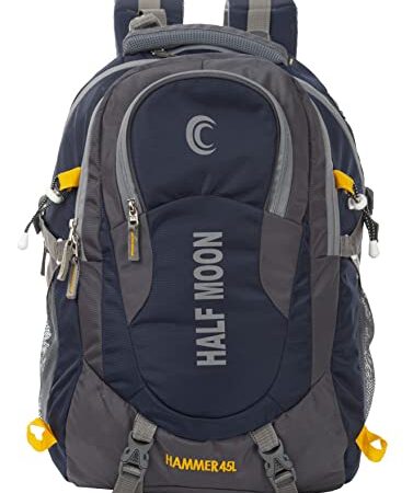 Half Moon 45L Hammer Waterproof Rucksack Bags for Men/Trekking Bags for Men, Navy Blue | With 17.3" Laptop Compartment & Rain cover | For Trekking, Hiking, Travel Backpack for Men & Women