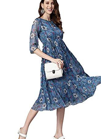 Janasya Women's Blue Poly Georgette Floral Flared Western Dress