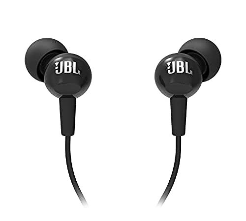 JBL C100SI Wired In Ear Headphones with Mic, JBL Pure Bass Sound, One Button Multi-function Remote, Angled Buds for Comfort fit (Black)