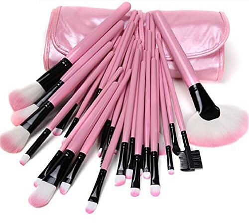 MACPLUS Soft Bristle Makeup Brush Set with Storage Pouch- Pink, 24 Pieces