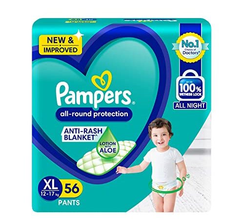 Pampers All round Protection Pants, Extra Large size baby Diapers, (12-17kg) 56 Count Lotion with Aloe Vera