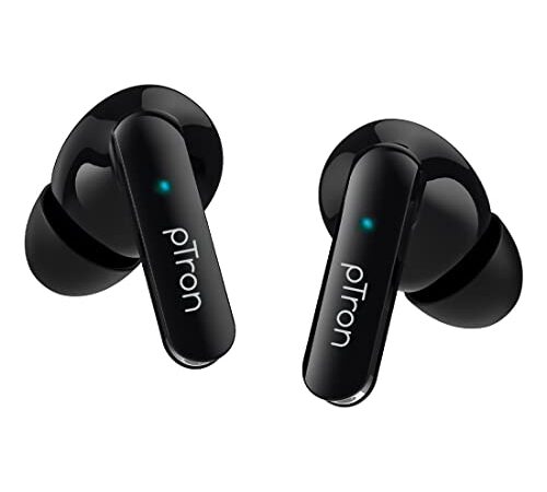 pTron Bassbuds Duo in Ear Earbuds with 32Hrs Total Playtime, Bluetooth 5.1 Wireless Headphones, Stereo Audio, Touch Control TWS, with Mic, Type-C Fast Charging, IPX4 & Voice Assistance (Black)