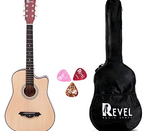 Revel 38 Inches Lindenwood Cutaway Design Acoustic Guitar With Carry Bag And Plectrums (Natural, Beige)