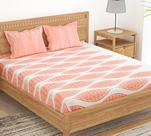 Story@Home 144 TC Cotton Bedsheet for Double Bed with Two Pillow Covers, Peach and White