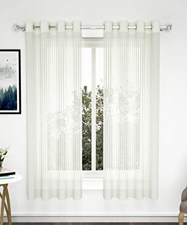 Story@Home Sheer Window Curtains Linen Look Semi Transparent Voile Grommet Zic Zac Curtains for Living, Dining Room White (Set of 2, 5 Feet, White)