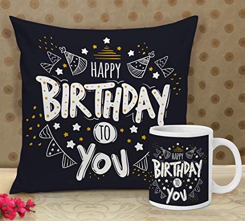 TIED RIBBONS Birthday Gift / Printed Cushion Cover With Filler (12 X 12 Inch) And Coffee Mug Cup(Satin & Microfibre)