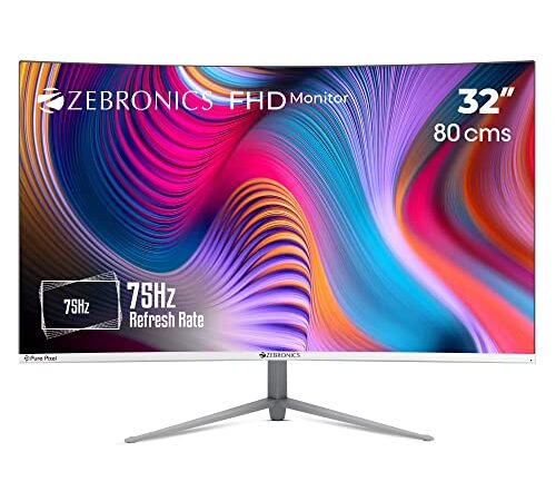 ZEBRONICS AC32FHD LED Curved 75Hz 80Cm (32") (81.28 Cm) 1920x1080 Pixels FHD Resolution Monitor with HDMI + VGA Dual Input, Built-in Speaker, Max 250 Nits Brightness, Black