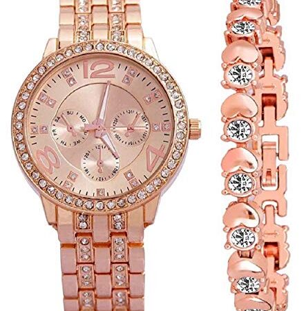 ZUPERIA Diamond Studded Stylish Analogue Watch with Rose Gold Dot Bracelet for Girls & Women