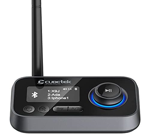 Cubetek 3 in 1 LCD Display V5.0 Bluetooth Transmitter Receiver, Bypass Audio Adapter with Aux, Optical, Dual Link Support for TV, Home Stereo, PC, Headphones, Speakers, Model: CB-BT27