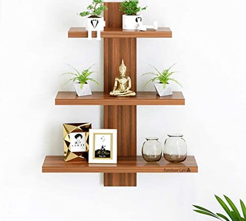 Furniture Cafe® Wooden Wall Shelves for Living Room | Wall Shelf for Home Decor Items | Floating Book Rack for Study Room, Office (3Tiers | Size- Standard | Colour- Teak Natural)