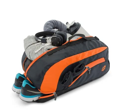 Harissons Jake Gym Bag, 31 L Duffel Bag with Shoe Compartment - Black Orange, Unisex, Polyester | 3 in 1 Multi-Purpose Duffle Backpack for Travel |Quick Access Pocket with Detachable Shoulder Straps